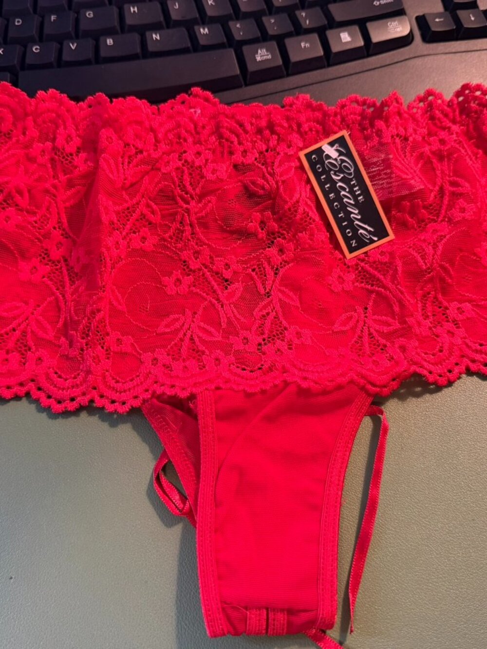 NWT Escante Red Lacy Tie Back Open Brief M/L